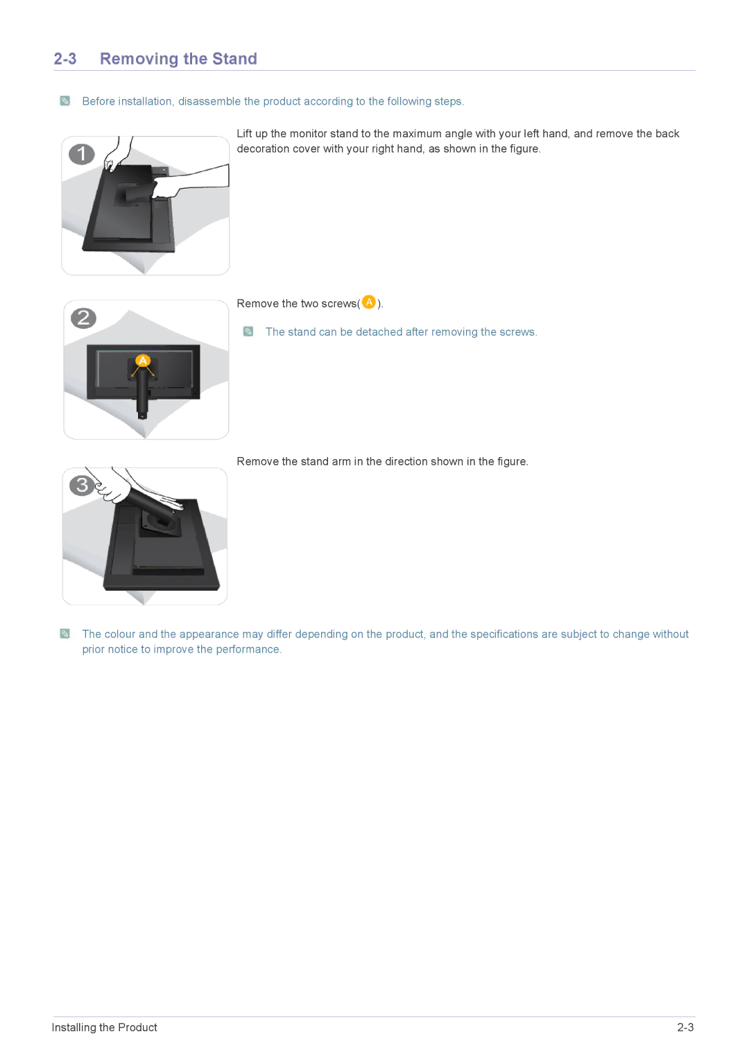 Samsung LF18TUSLB3/EN, LF18TUSLBM/EN, LF18TUSLBL/EN manual Removing the Stand 