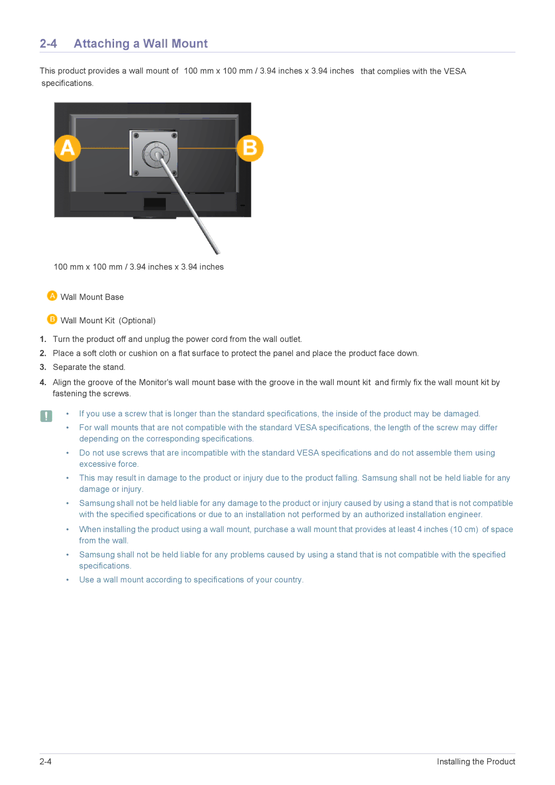 Samsung LF18TUSLBL/EN, LF18TUSLBM/EN, LF18TUSLB3/EN manual Attaching a Wall Mount 