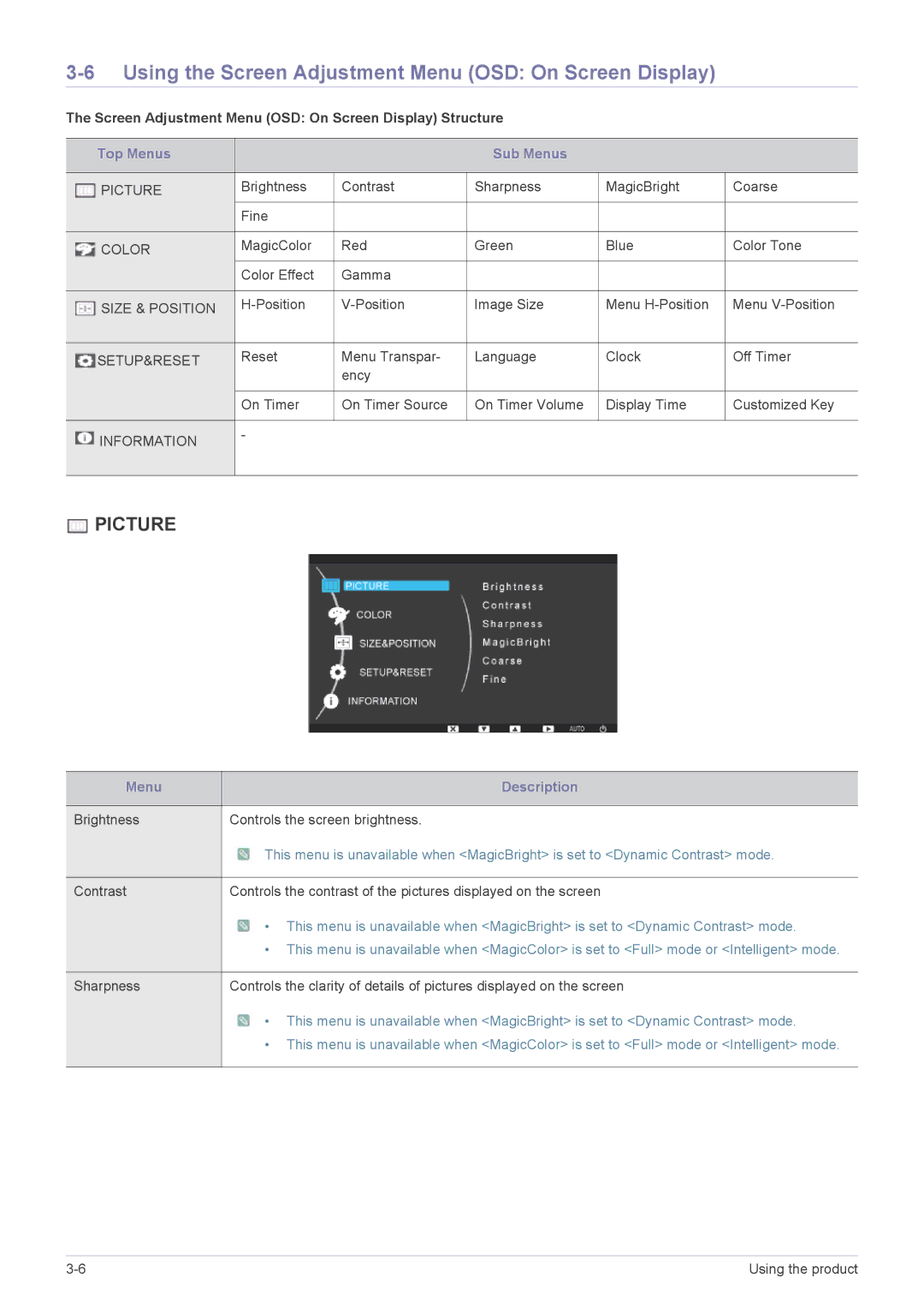 Samsung LF18TUSLBL/EN, LF18TUSLBM/EN, LF18TUSLB3/EN manual Using the Screen Adjustment Menu OSD On Screen Display 