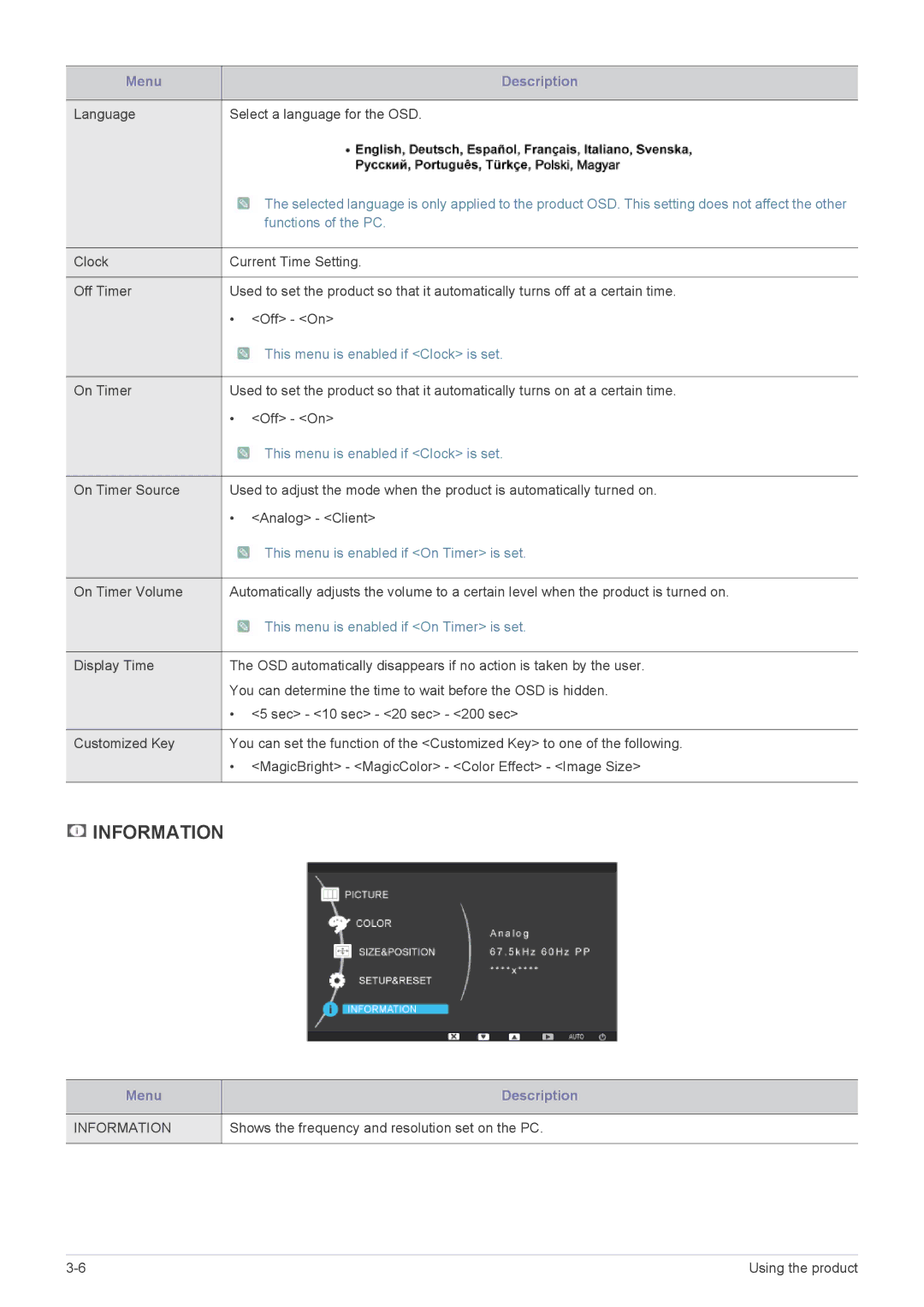 Samsung LF18TUSLBM/EN manual Language Select a language for the OSD, Shows the frequency and resolution set on the PC 