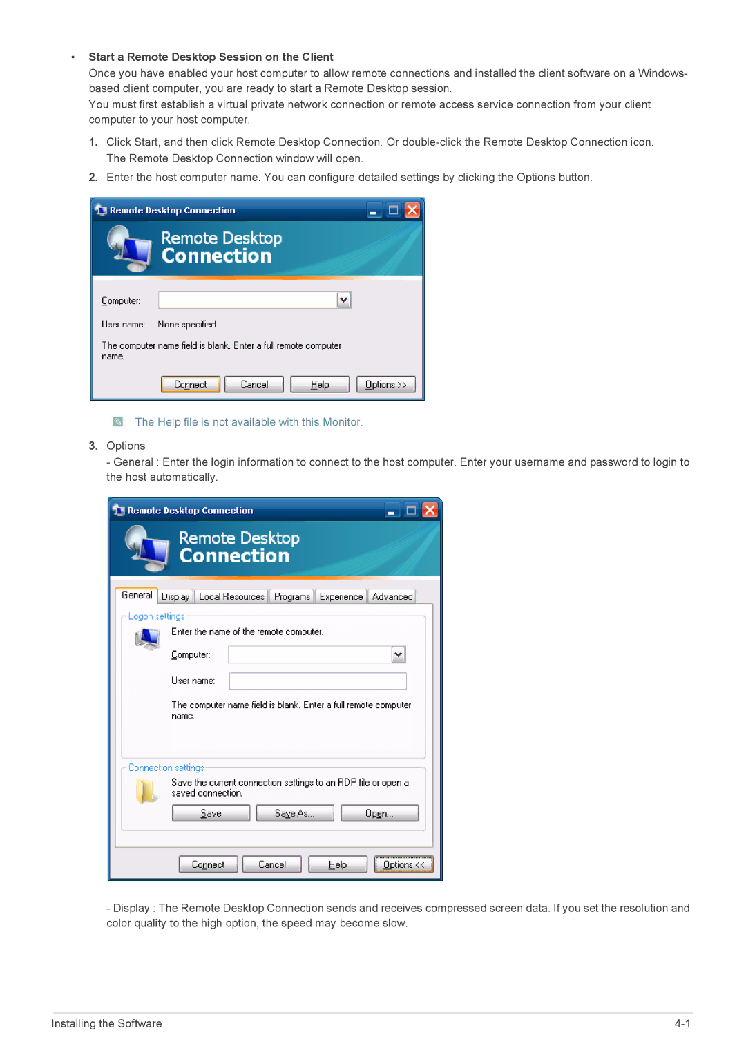 Samsung LF18TUSLBM/EN manual Start a Remote Desktop Session on the Client, Help file is not available with this Monitor 