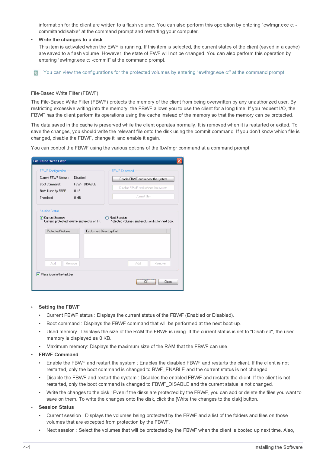 Samsung LF18TUSLBL/EN, LF18TUSLBM/EN manual Write the changes to a disk, Setting the Fbwf, Fbwf Command, Session Status 