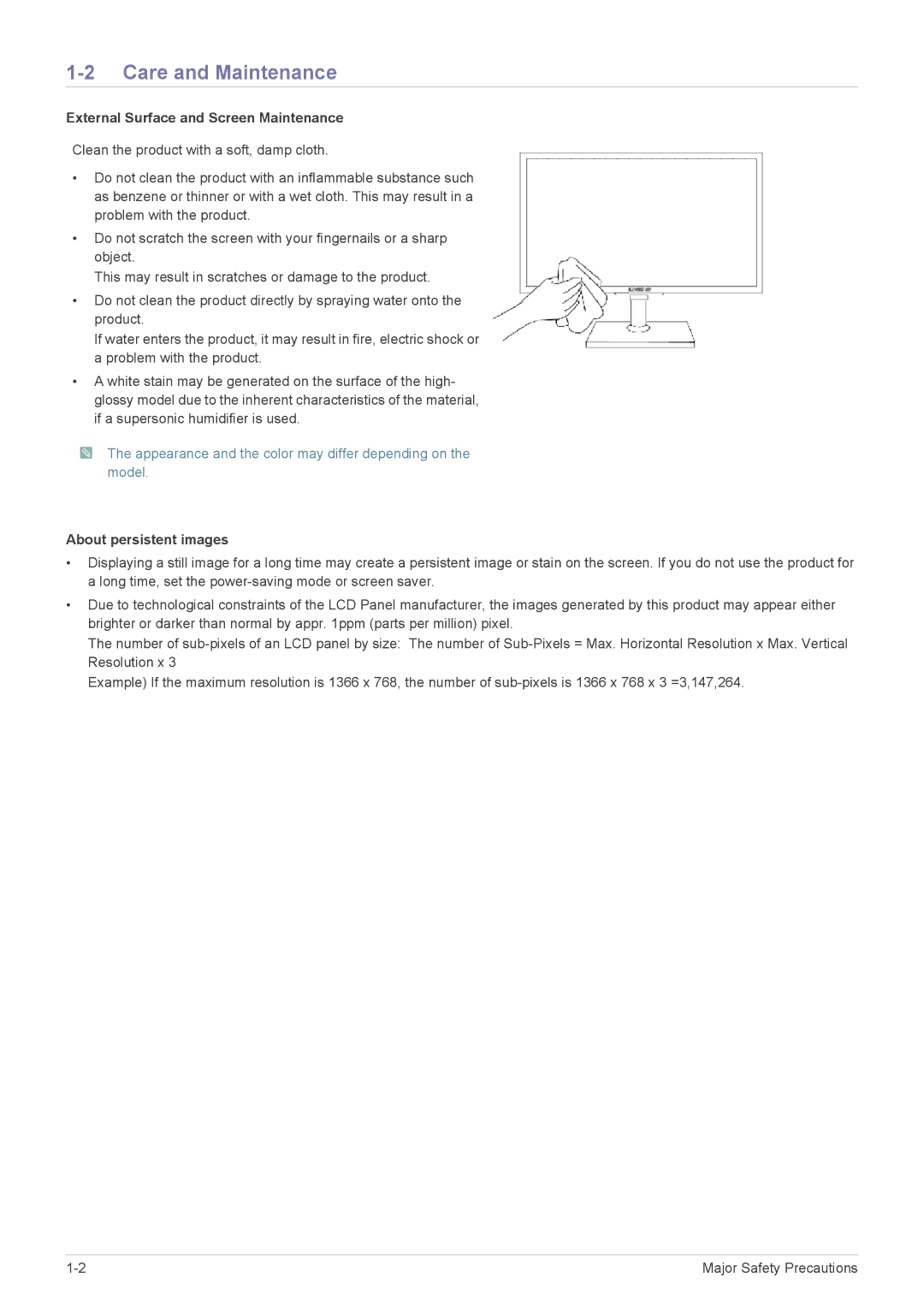 Samsung LF18TUSLBL/EN manual Care and Maintenance, External Surface and Screen Maintenance, About persistent images 