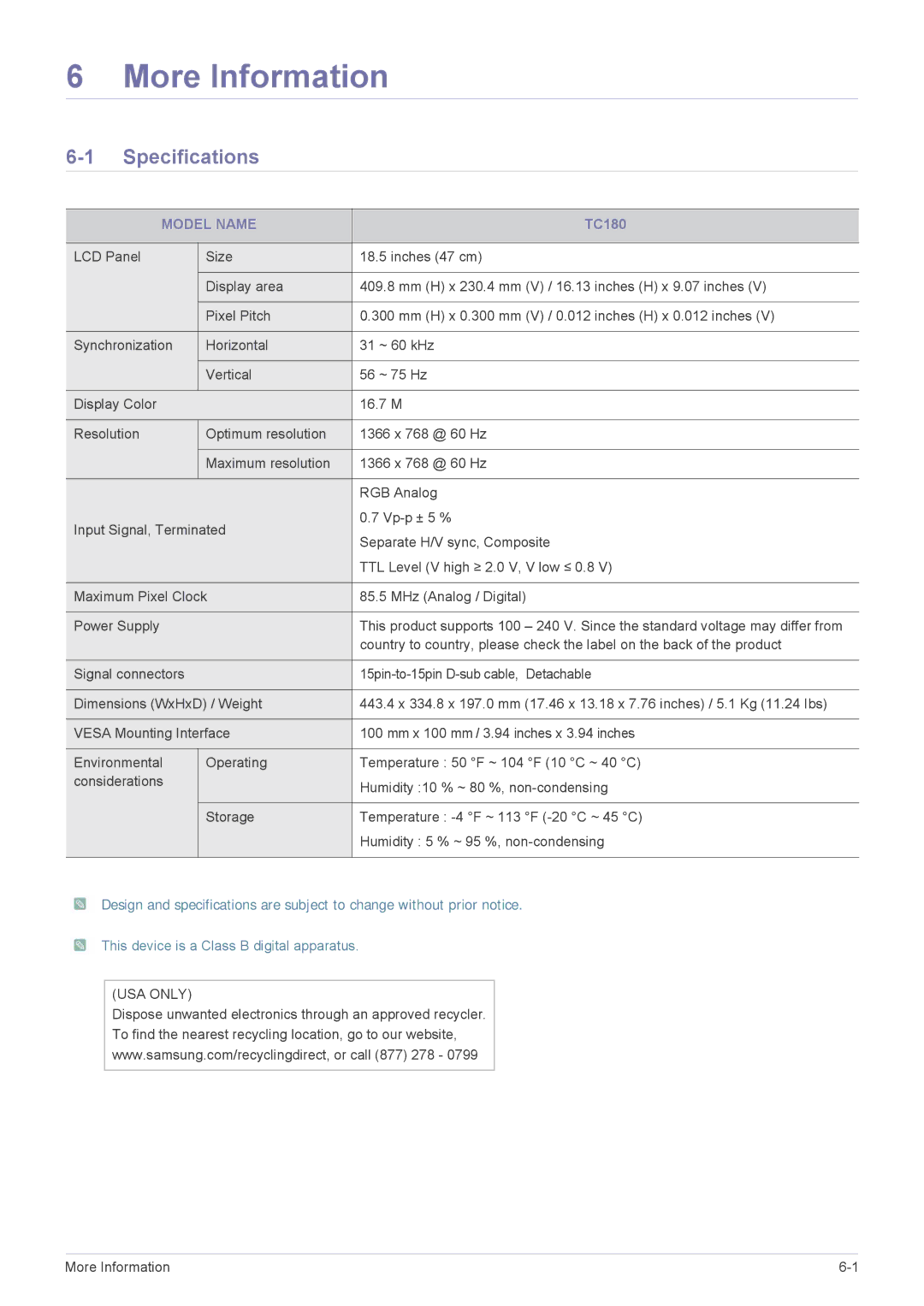 Samsung LF18TUSLB3/EN, LF18TUSLBM/EN, LF18TUSLBL/EN manual Specifications, Model Name 