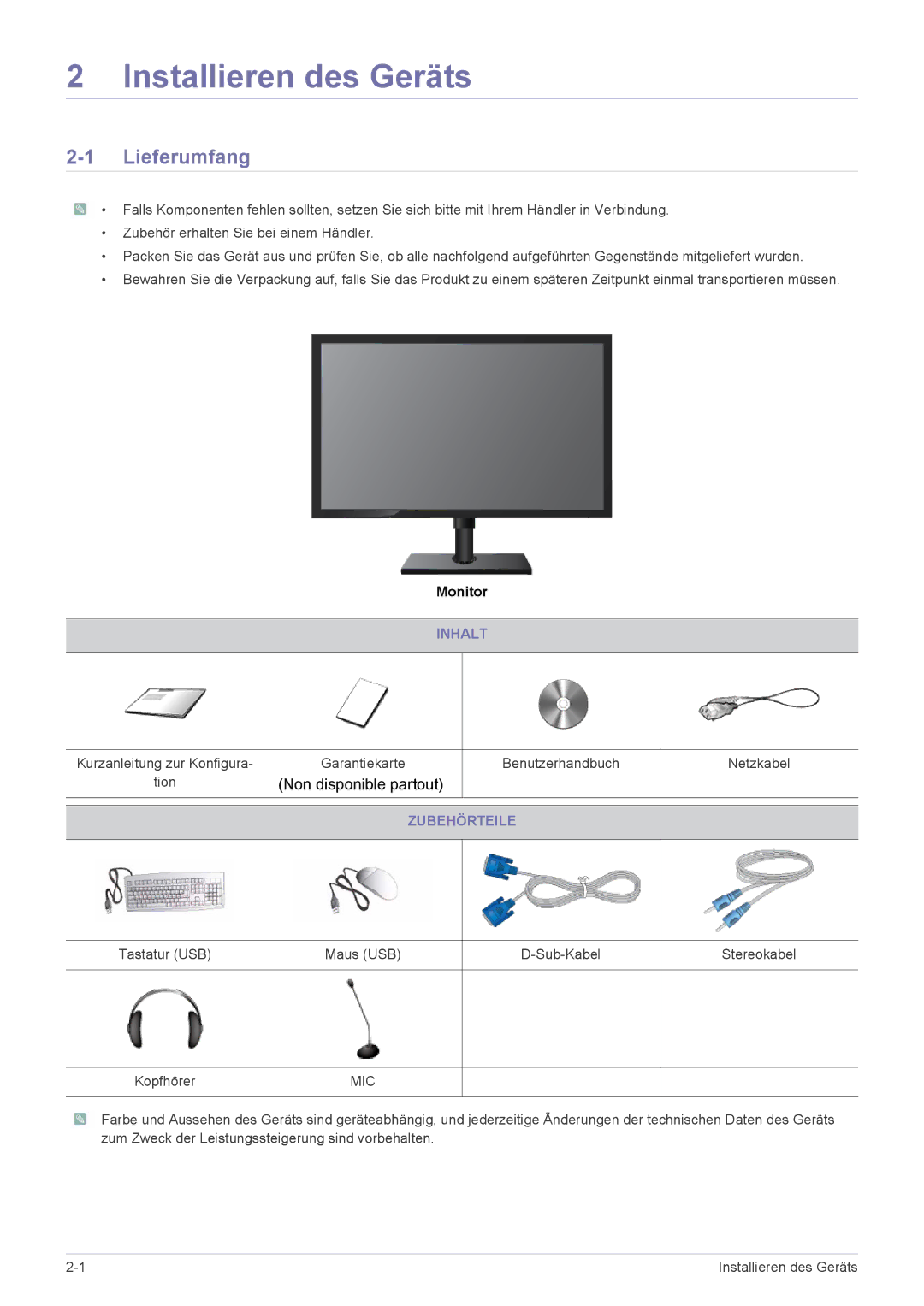 Samsung LF18TUSLB3/EN, LF18TUSLBM/EN manual Lieferumfang, Inhalt, Zubehörteile 