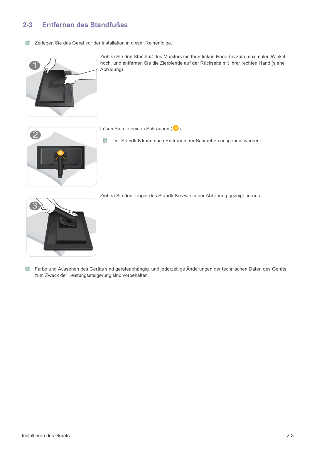 Samsung LF18TUSLBM/EN, LF18TUSLB3/EN manual Entfernen des Standfußes 