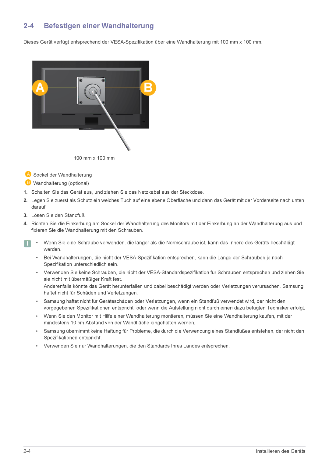 Samsung LF18TUSLB3/EN, LF18TUSLBM/EN manual Befestigen einer Wandhalterung 