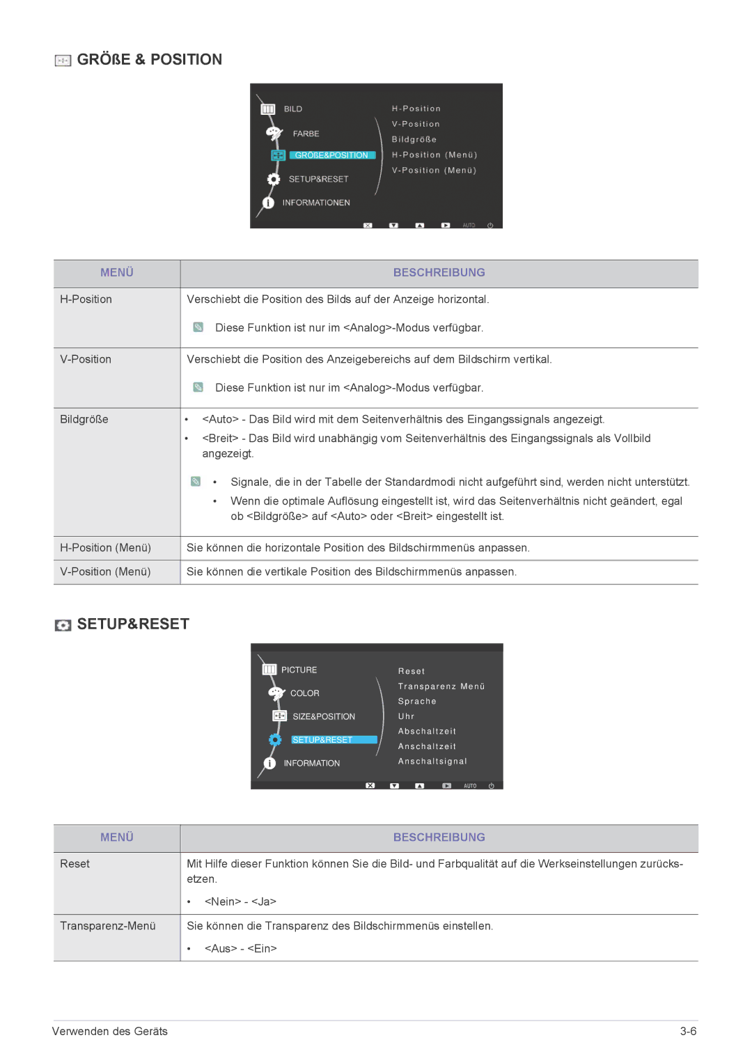 Samsung LF18TUSLBM/EN, LF18TUSLB3/EN manual GRÖßE & Position, Setup&Reset 