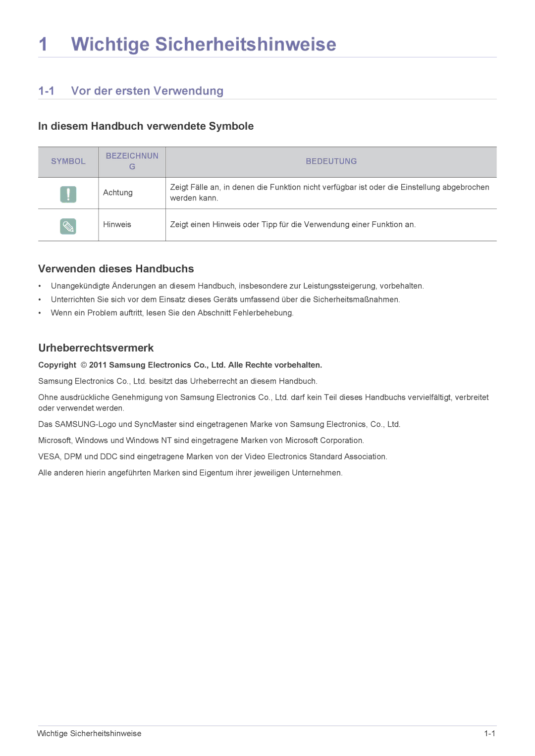 Samsung LF18TUSLBM/EN manual Vor der ersten Verwendung, Diesem Handbuch verwendete Symbole, Verwenden dieses Handbuchs 