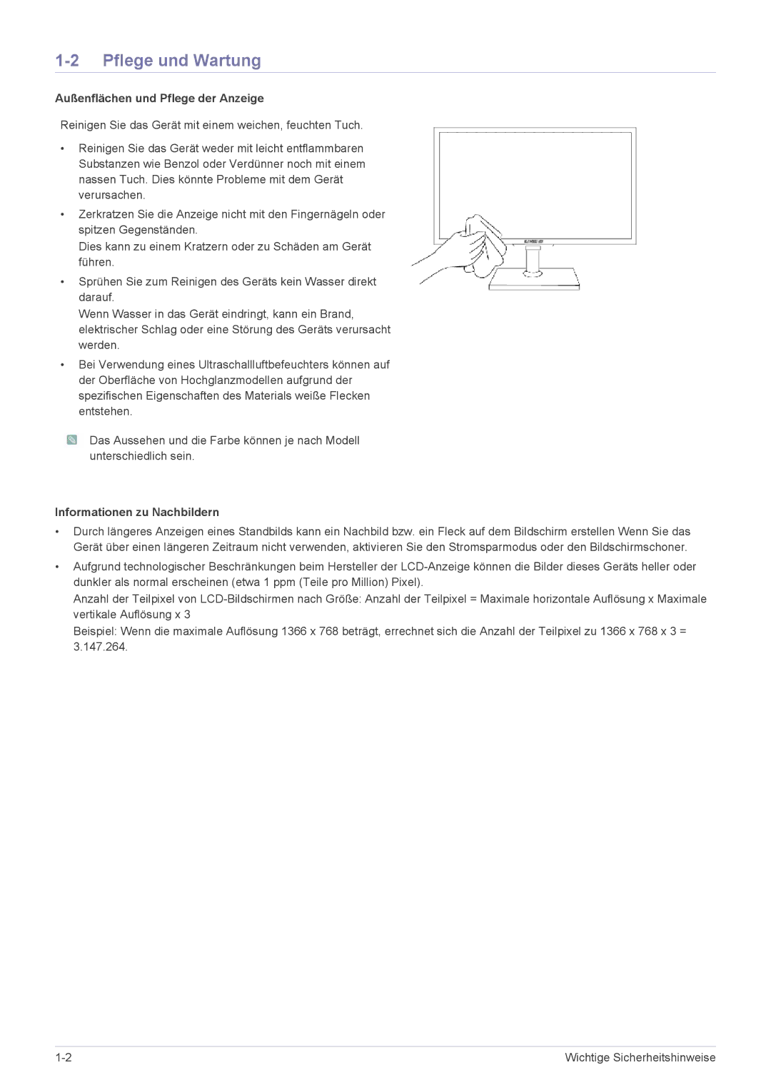 Samsung LF18TUSLB3/EN, LF18TUSLBM/EN Pflege und Wartung, Außenflächen und Pflege der Anzeige, Informationen zu Nachbildern 