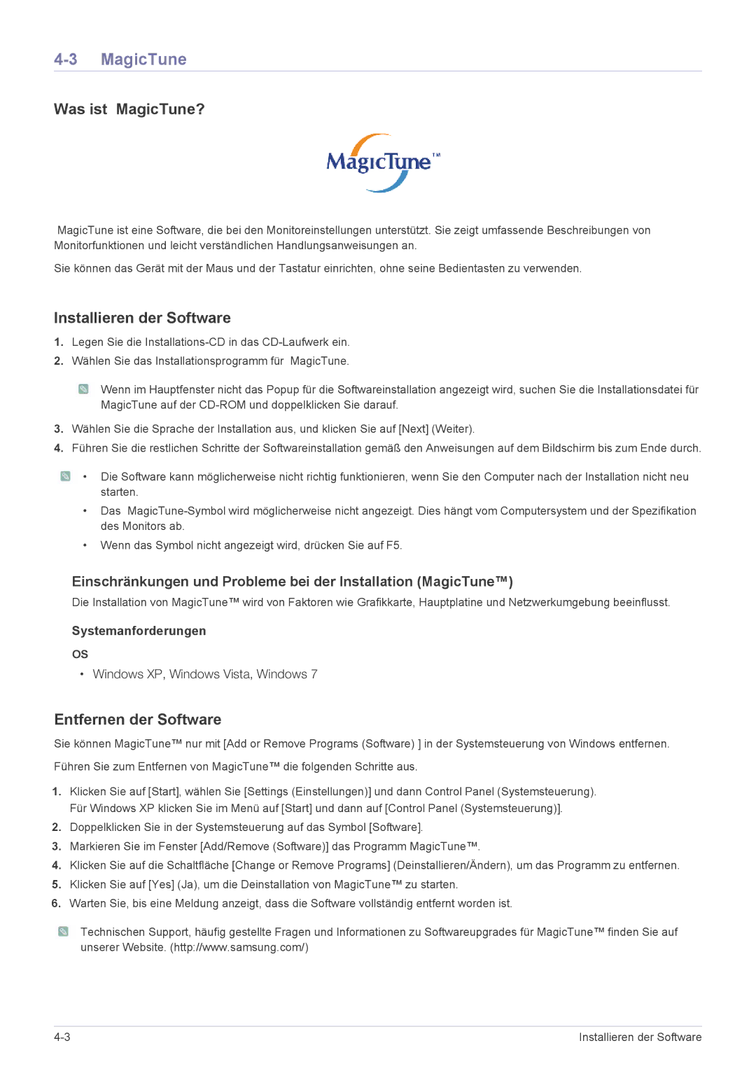Samsung LF18TUSLB3/EN, LF18TUSLBM/EN manual Was ist MagicTune?, Installieren der Software, Entfernen der Software 