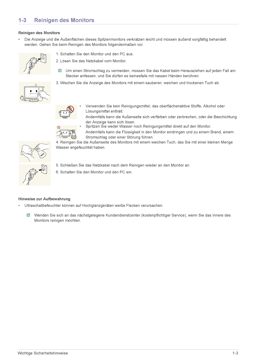 Samsung LF18TUSLBM/EN, LF18TUSLB3/EN manual Reinigen des Monitors, Hinweise zur Aufbewahrung 