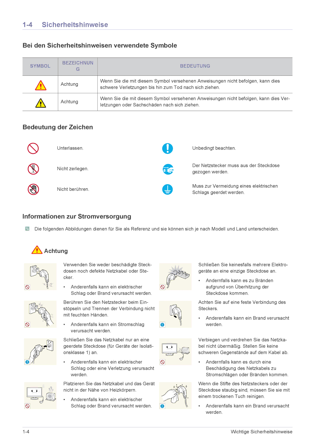 Samsung LF18TUSLB3/EN, LF18TUSLBM/EN Bei den Sicherheitshinweisen verwendete Symbole, Bedeutung der Zeichen, Achtung 