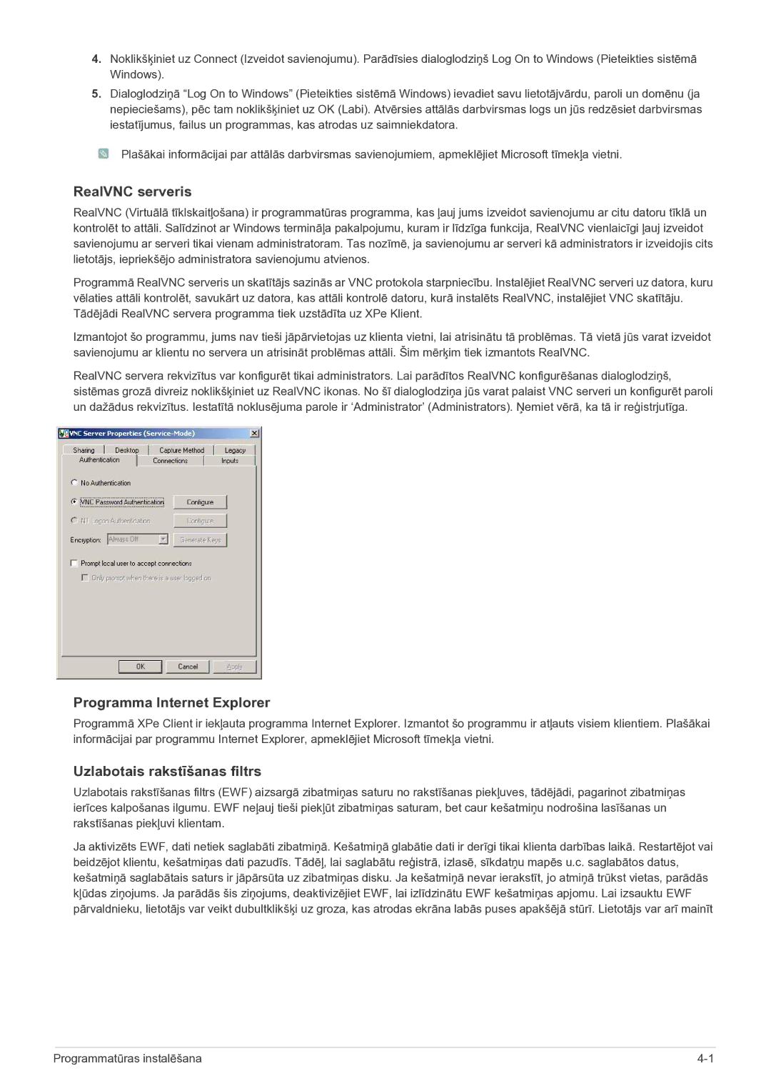 Samsung LF19MGSLBP/EN manual RealVNC serveris, Programma Internet Explorer, Uzlabotais rakstīšanas filtrs 