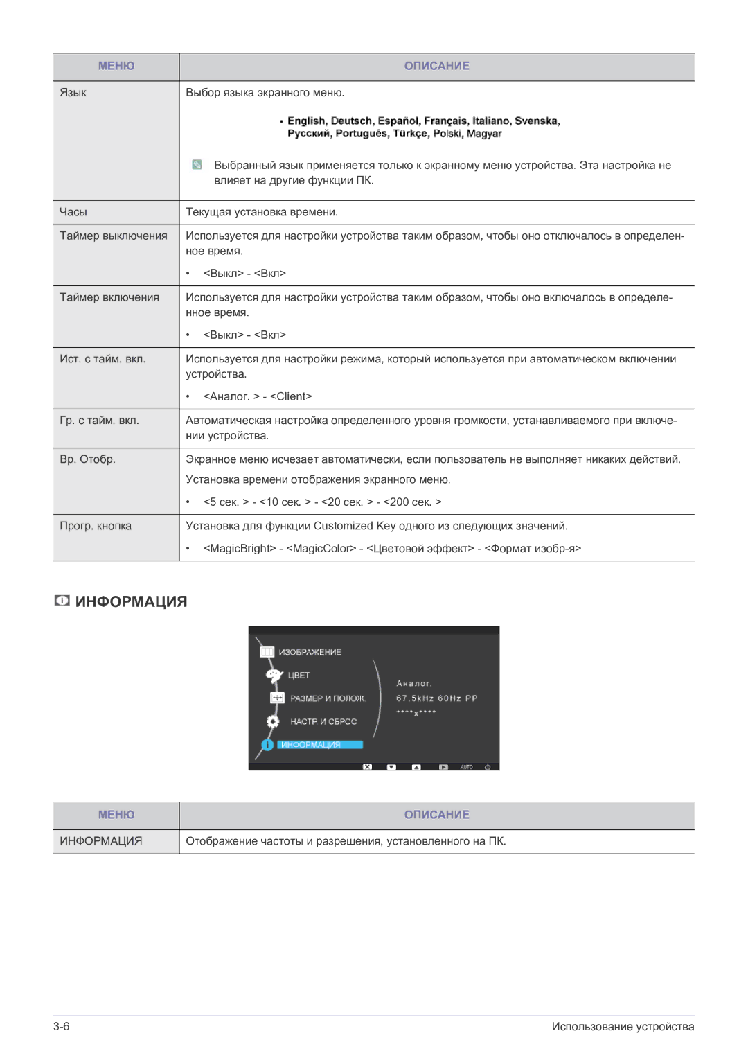 Samsung LF19MGSLBP/EN manual Язык Выбор языка экранного меню, Отображение частоты и разрешения, установленного на ПК 