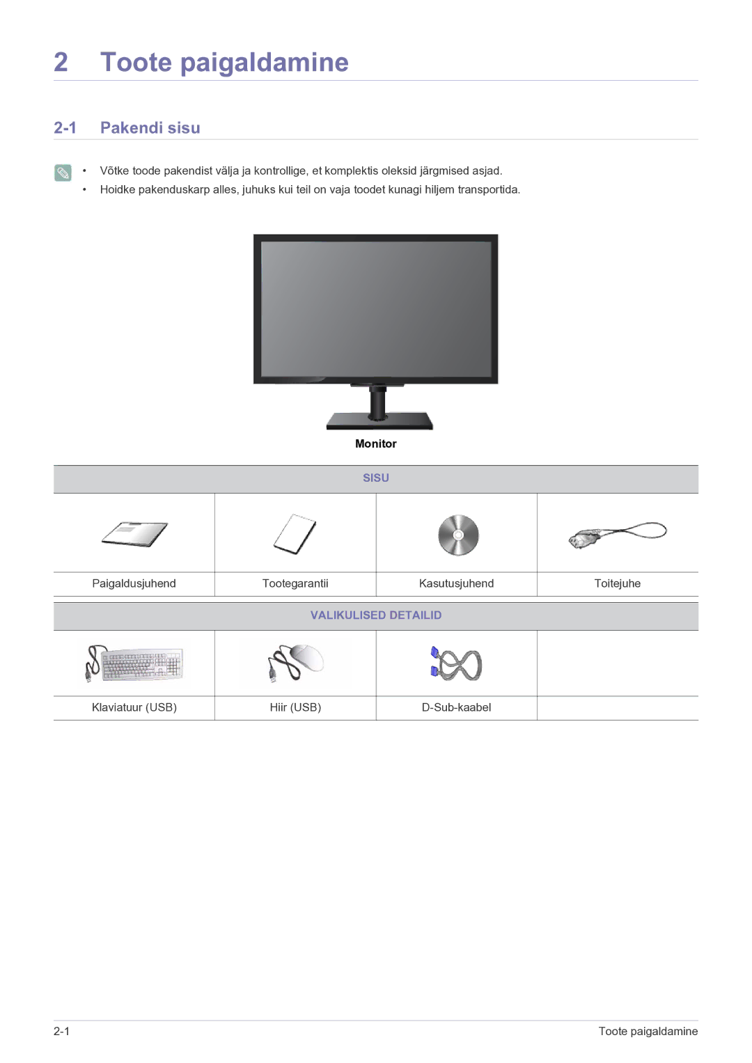 Samsung LF19MGSLBP/EN manual Toote paigaldamine, Pakendi sisu, Sisu, Valikulised Detailid 