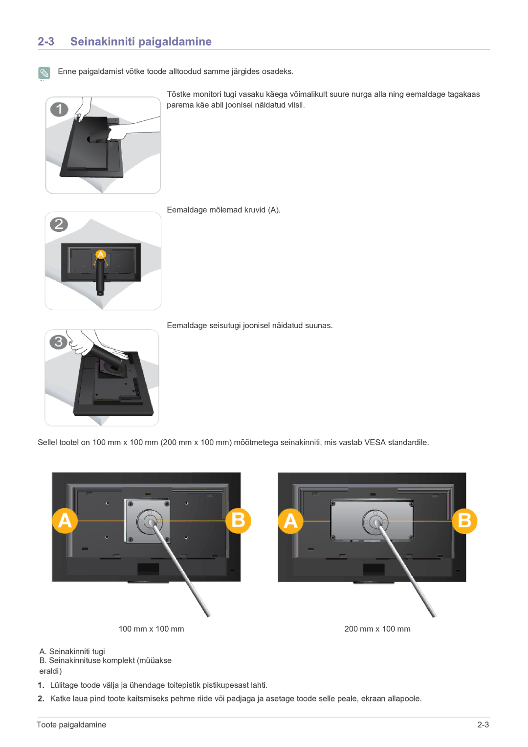 Samsung LF19MGSLBP/EN manual Seinakinniti paigaldamine 