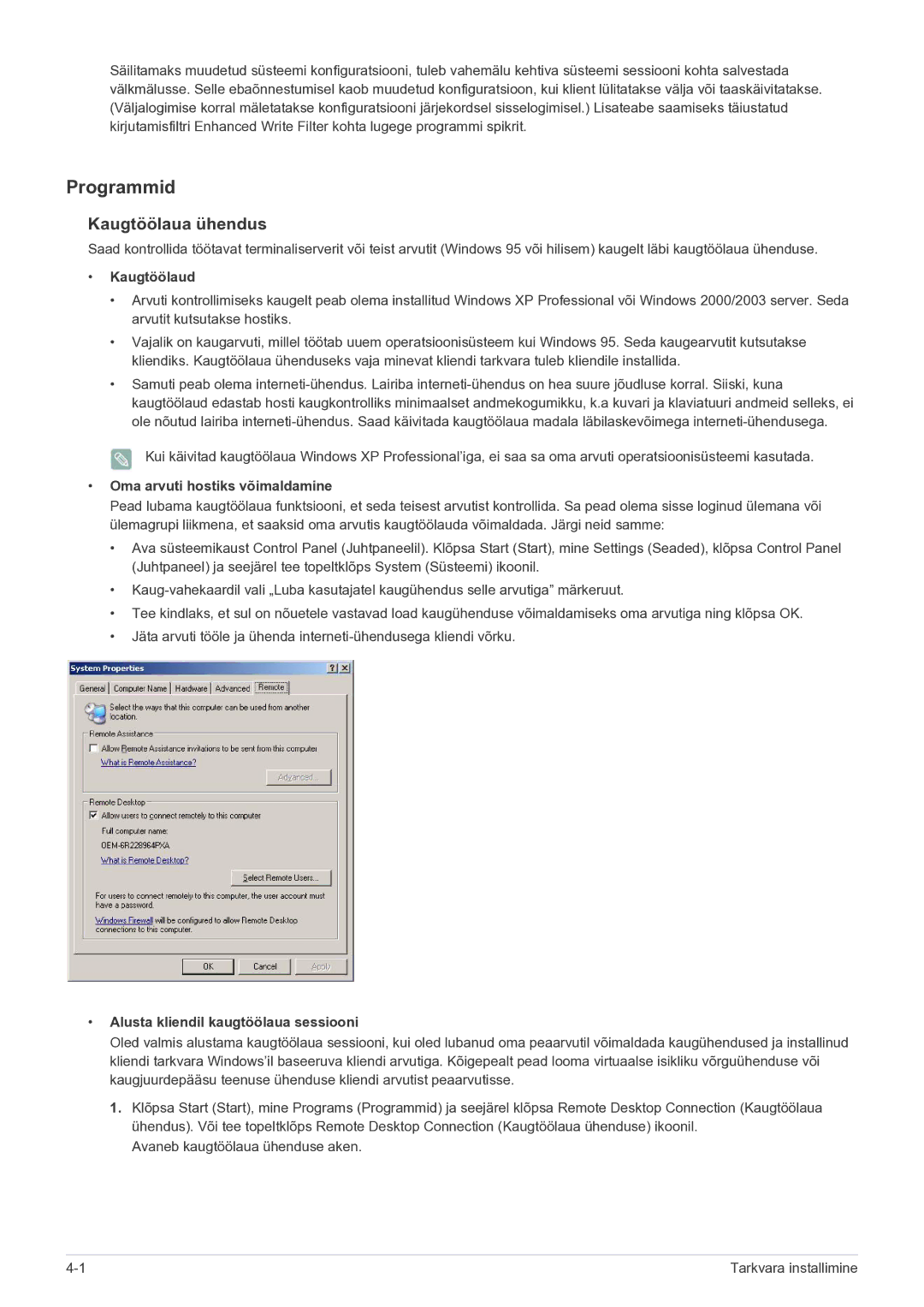 Samsung LF19MGSLBP/EN manual Programmid, Kaugtöölaua ühendus, Kaugtöölaud, Oma arvuti hostiks võimaldamine 