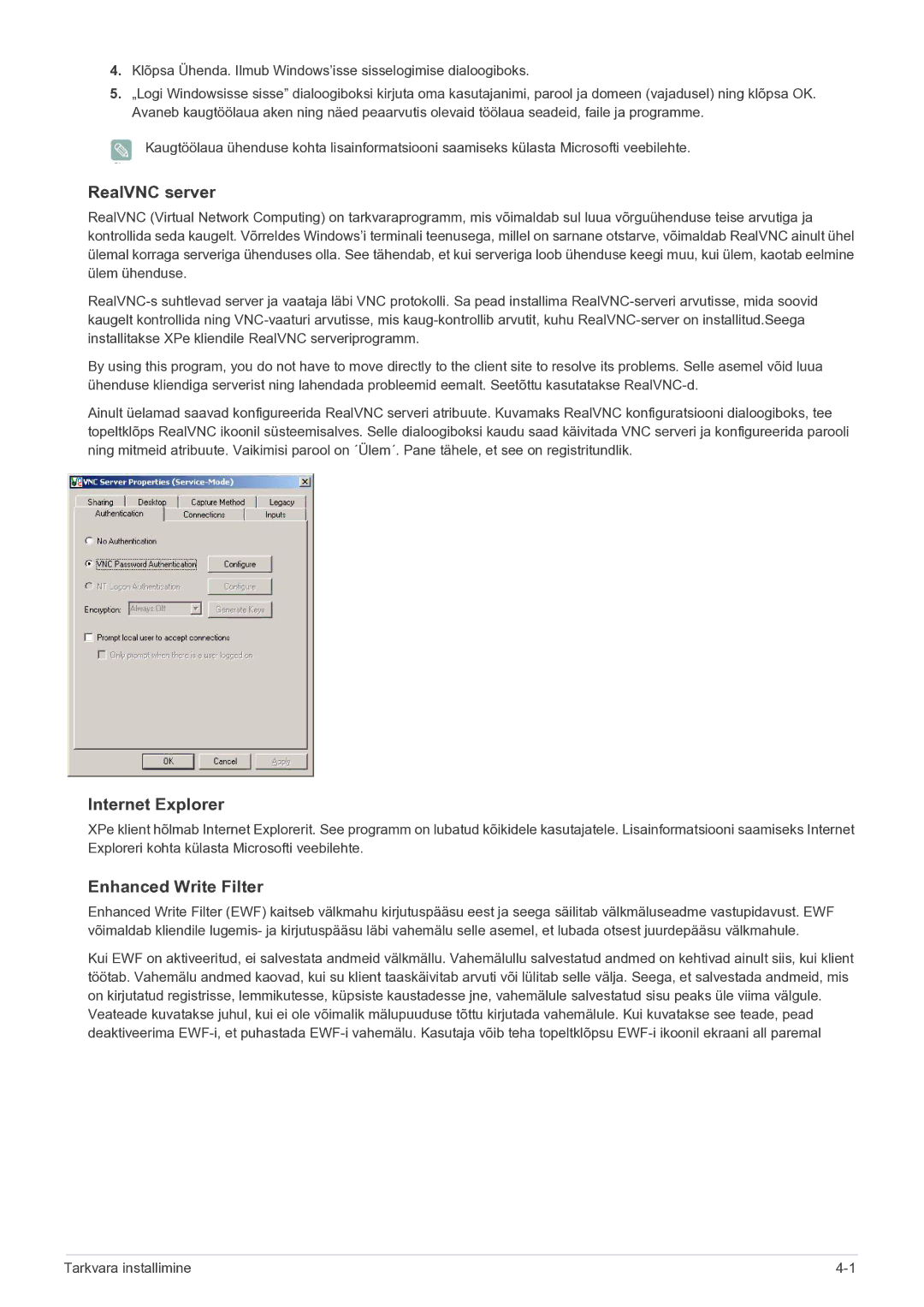 Samsung LF19MGSLBP/EN manual RealVNC server, Internet Explorer, Enhanced Write Filter 