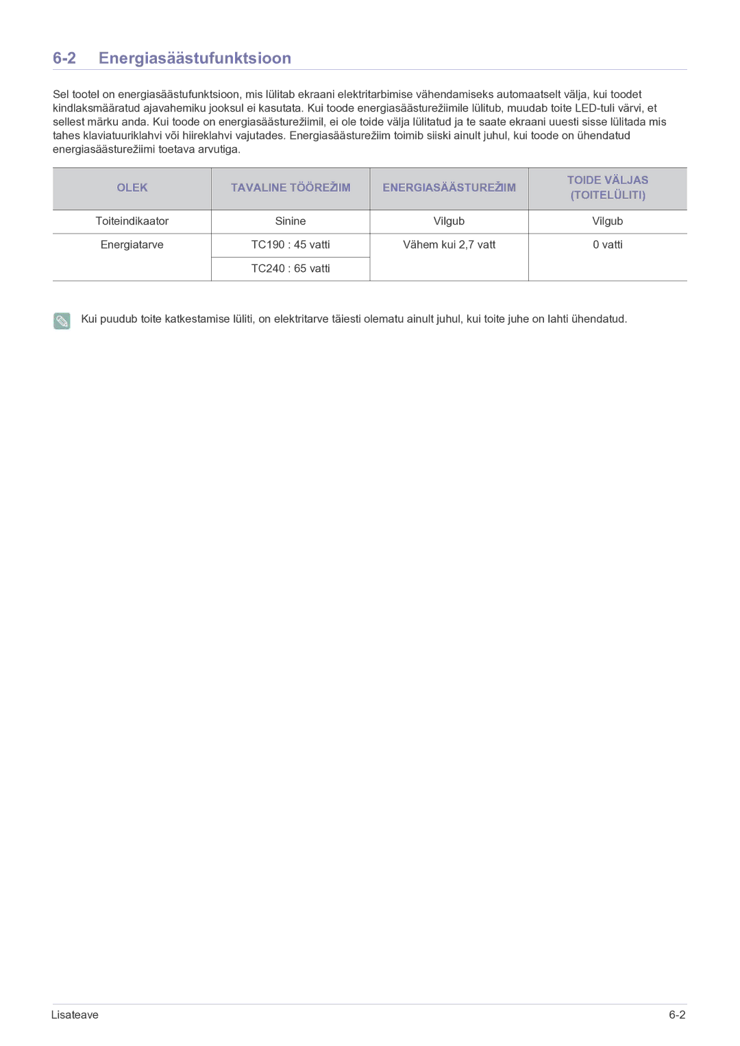 Samsung LF19MGSLBP/EN manual Energiasäästufunktsioon, Vilgub, TC190 45 vatti Vähem kui 2,7 vatt Vatti TC240 65 vatti 