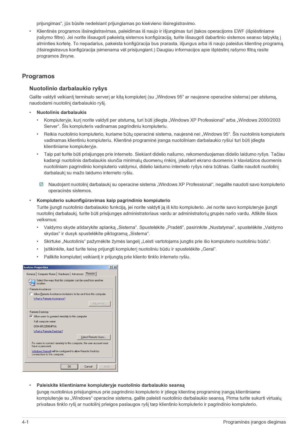 Samsung LF19MGSLBP/EN manual Programos, Nuotolinio darbalaukio ryšys, Nuotolinis darbalaukis 