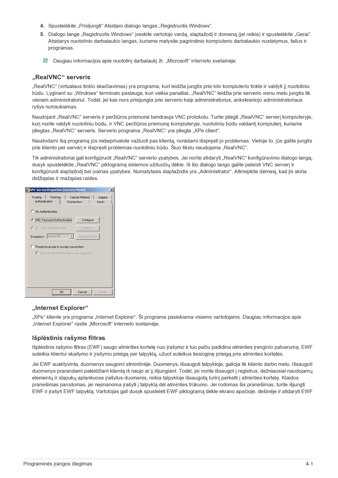 Samsung LF19MGSLBP/EN manual „RealVNC serveris, „Internet Explorer, Išplėstinis rašymo filtras 