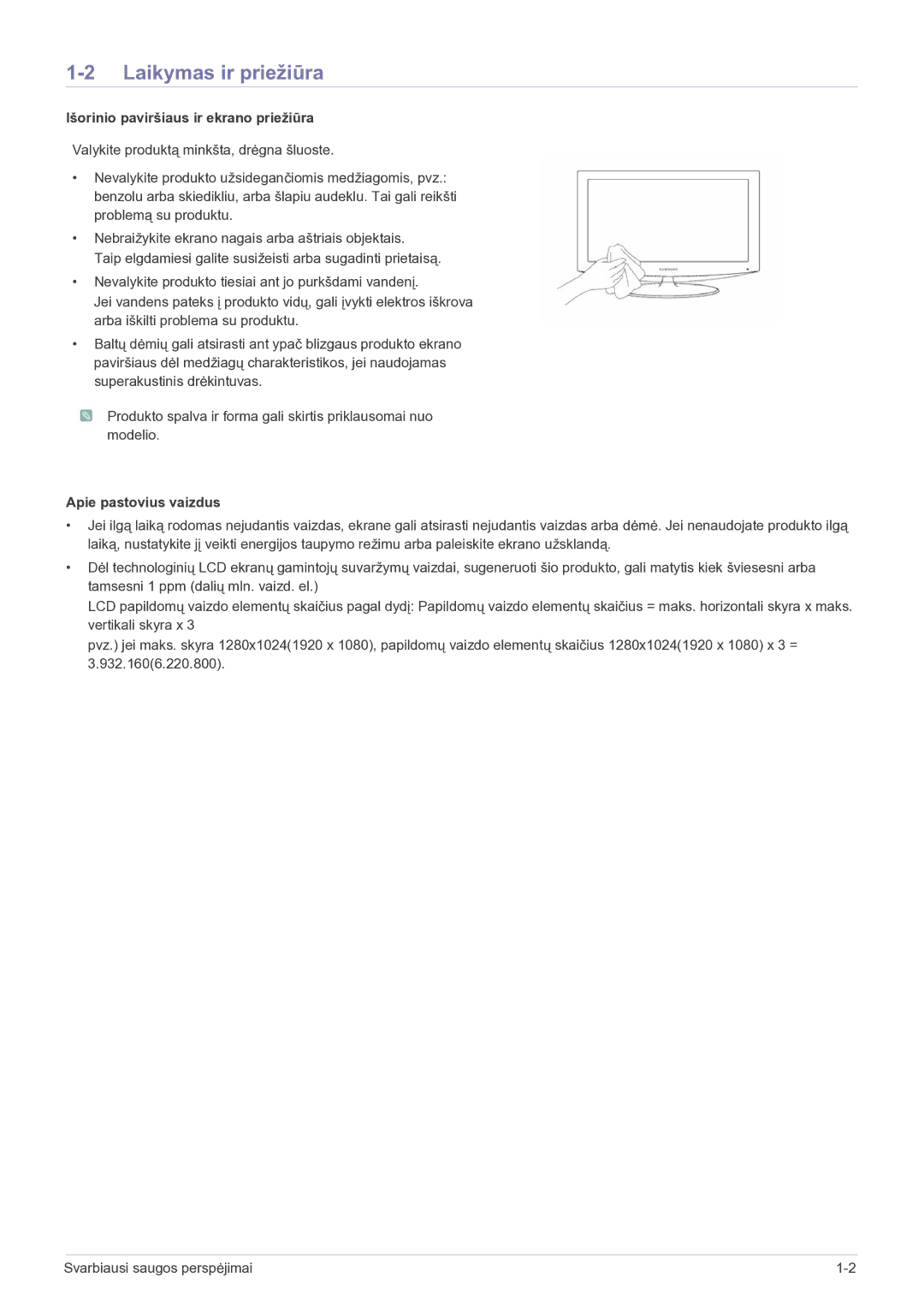 Samsung LF19MGSLBP/EN manual Laikymas ir priežiūra, Išorinio paviršiaus ir ekrano priežiūra, Apie pastovius vaizdus 