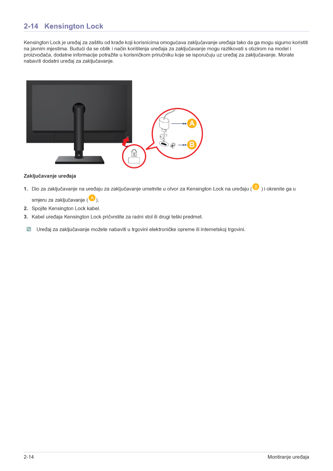 Samsung LF19MGSLBR/EN, LF19MGSLBP/EN manual Kensington Lock, Zaključavanje uređaja 