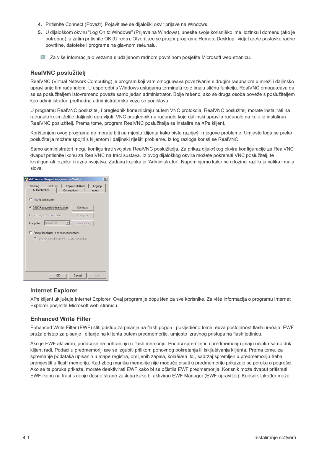 Samsung LF19MGSLBR/EN, LF19MGSLBP/EN manual RealVNC poslužitelj, Internet Explorer, Enhanced Write Filter 