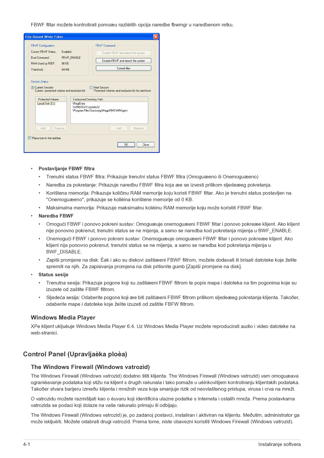 Samsung LF19MGSLBR/EN manual Control Panel Upravljaèka ploèa, Windows Media Player, Windows Firewall Windows vatrozid 