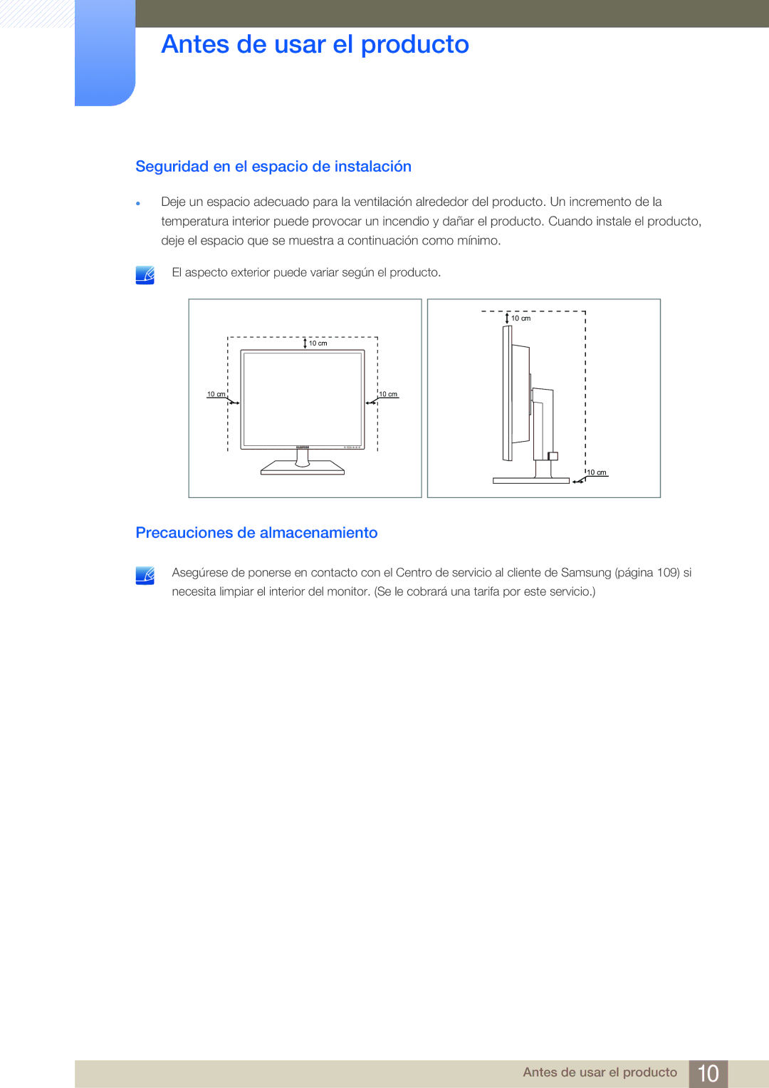 Samsung LF24NEBHBNM/EN, LF19NEBHBNM/EN manual Seguridad en el espacio de instalación, Precauciones de almacenamiento 