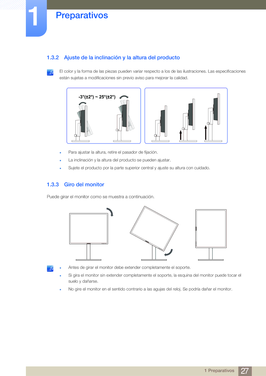 Samsung LF19NEBHBNM/EN, LF24NEBHBNM/EN, LF24FN1PFBZXEN Ajuste de la inclinación y la altura del producto, Giro del monitor 