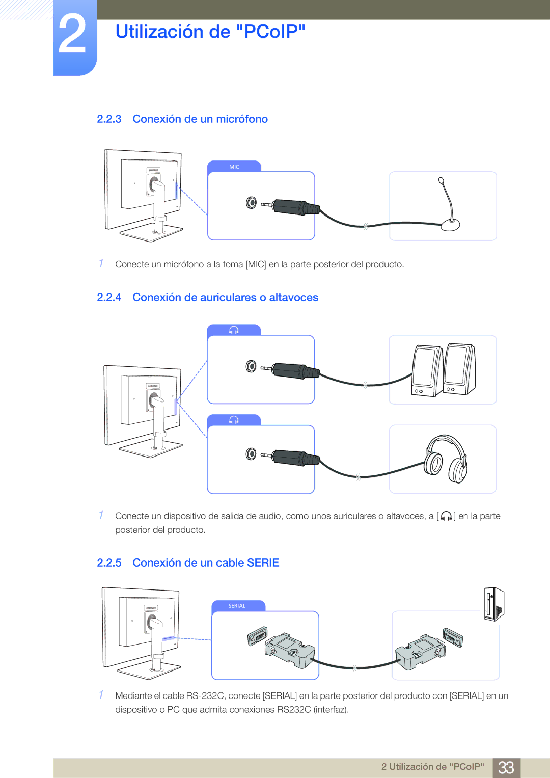 Samsung LF19NEBHBNM/EN manual Conexión de un micrófono, Conexión de auriculares o altavoces, Conexión de un cable Serie 