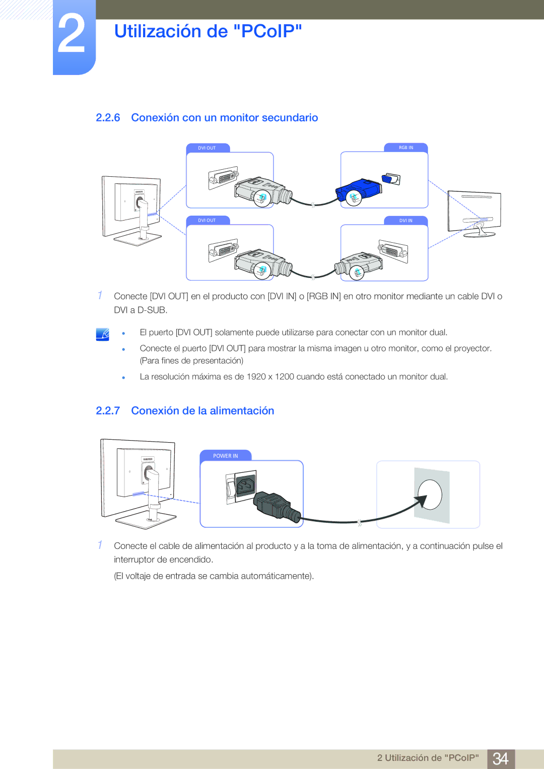 Samsung LF24NEBHBNM/EN, LF19NEBHBNM/EN, LF24FN1PFBZXEN manual Conexión con un monitor secundario, Conexión de la alimentación 