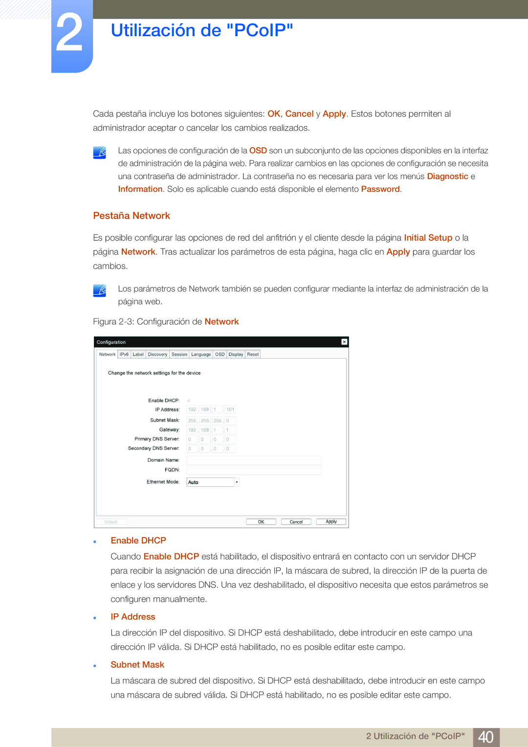 Samsung LF24NEBHBNM/EN, LF19NEBHBNM/EN, LF24FN1PFBZXEN manual Pestaña Network, Enable Dhcp, IP Address, Subnet Mask 