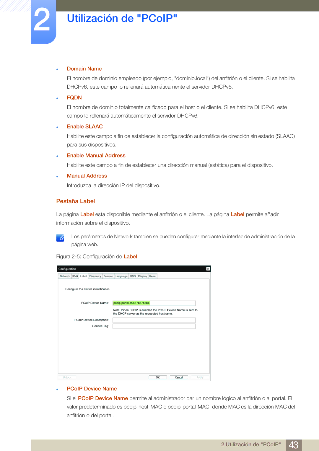 Samsung LF24NEBHBNM/EN, LF19NEBHBNM/EN manual Pestaña Label, Enable Slaac, Enable Manual Address, PCoIP Device Name 