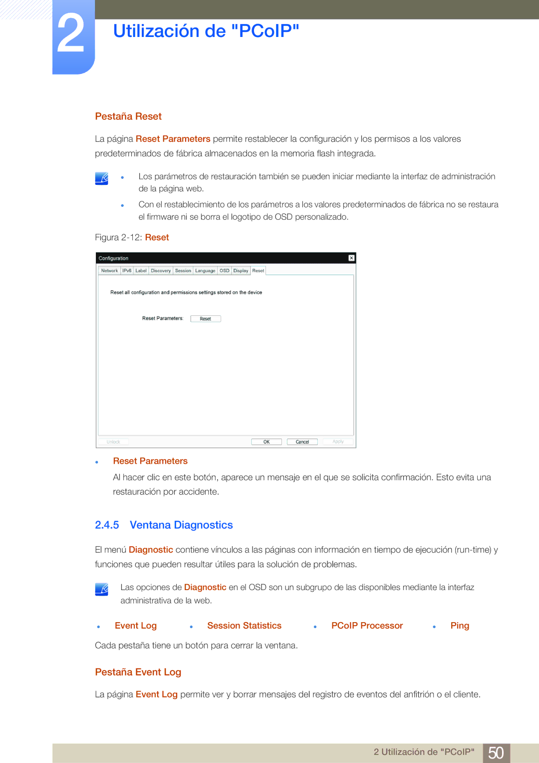 Samsung LF24FN1PFBZXEN, LF19NEBHBNM/EN, LF24NEBHBNM/EN manual Ventana Diagnostics, Pestaña Reset, Pestaña Event Log 