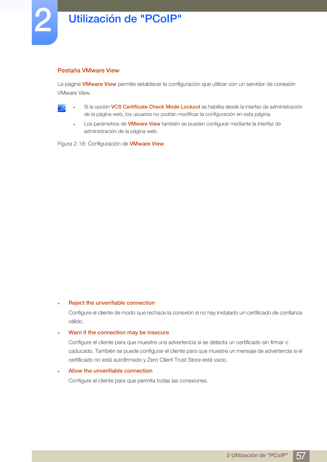 Samsung LF19NEBHBNM/EN Pestaña VMware View, Reject the unverifiable connection, Warn if the connection may be insecure 