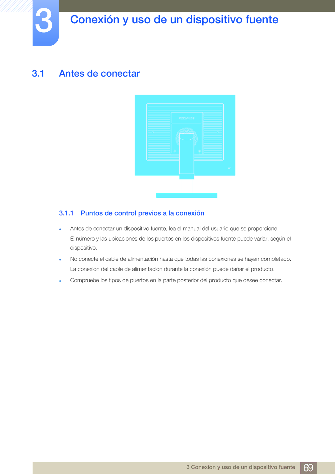 Samsung LF19NEBHBNM/EN Conexión y uso de un dispositivo fuente, Antes de conectar, Puntos de control previos a la conexión 