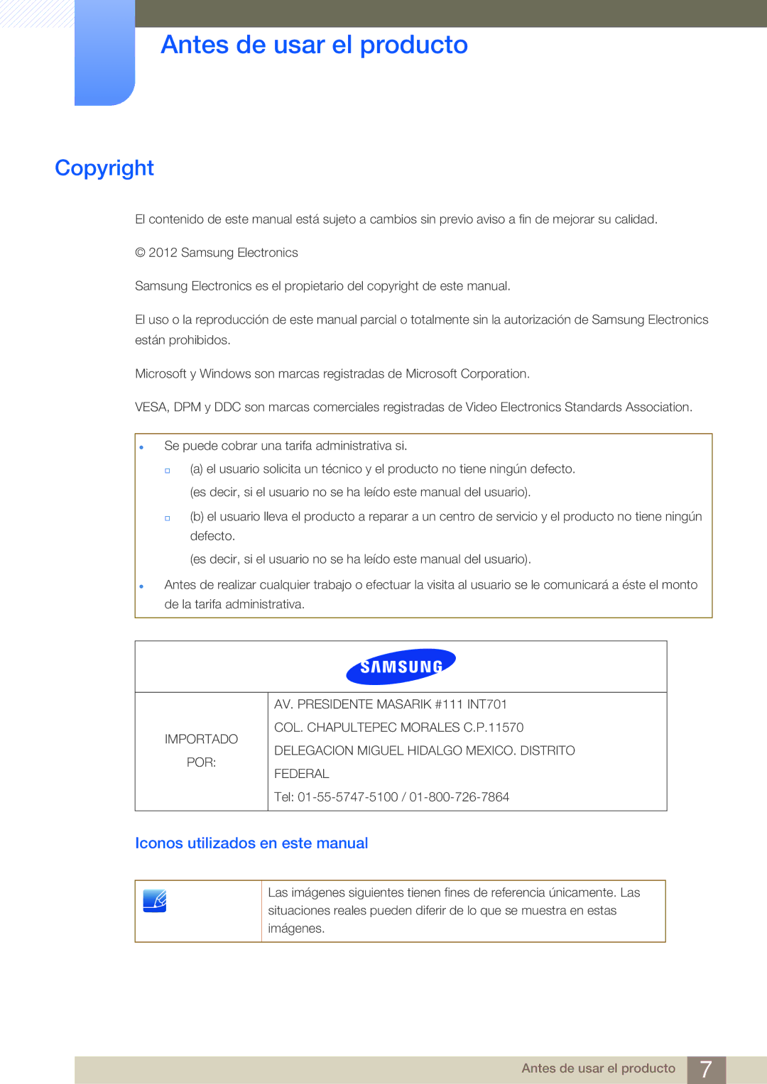 Samsung LF24NEBHBNM/EN, LF19NEBHBNM/EN Antes de usar el producto, Copyright, Iconos utilizados en este manual 