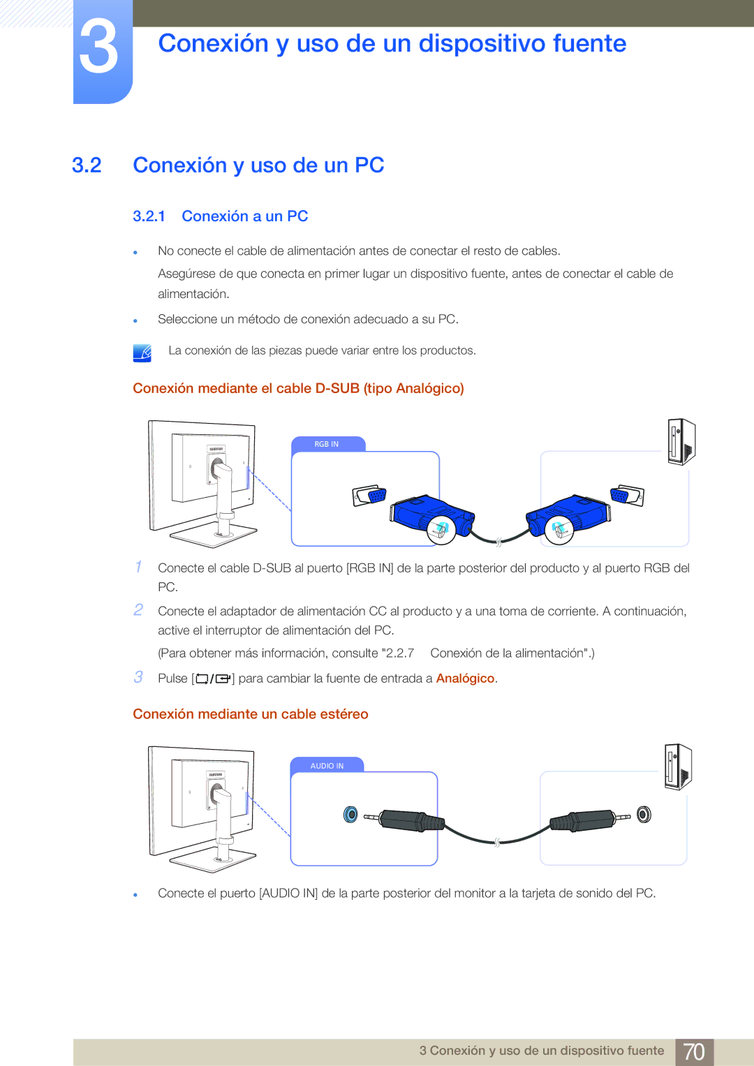 Samsung LF24NEBHBNM/EN manual Conexión y uso de un PC, Conexión a un PC, Conexión mediante el cable D-SUB tipo Analógico 