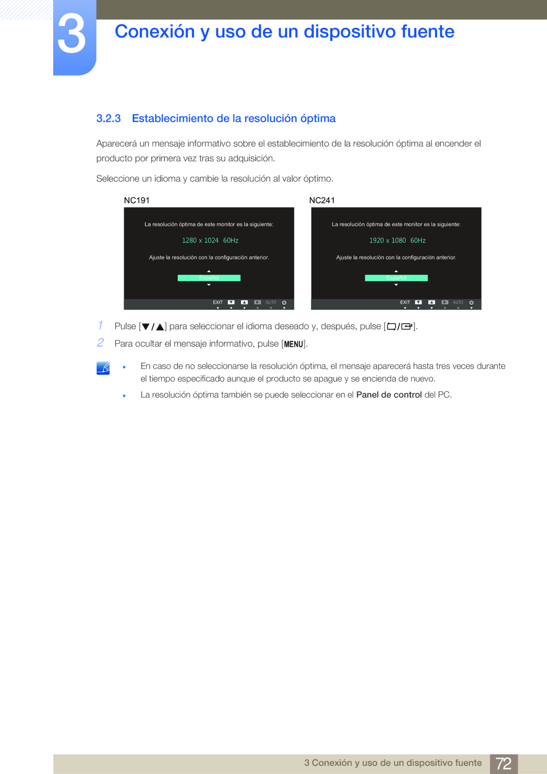 Samsung LF19NEBHBNM/EN, LF24NEBHBNM/EN, LF24FN1PFBZXEN manual Establecimiento de la resolución óptima, NC191 