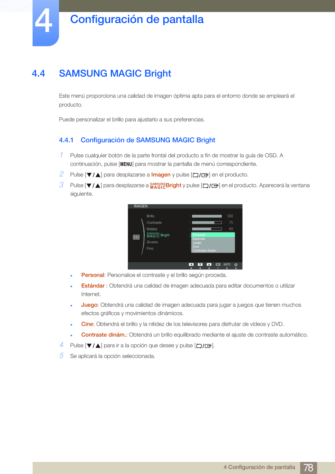 Samsung LF19NEBHBNM/EN, LF24NEBHBNM/EN, LF24FN1PFBZXEN manual Configuración de Samsung Magic Bright 