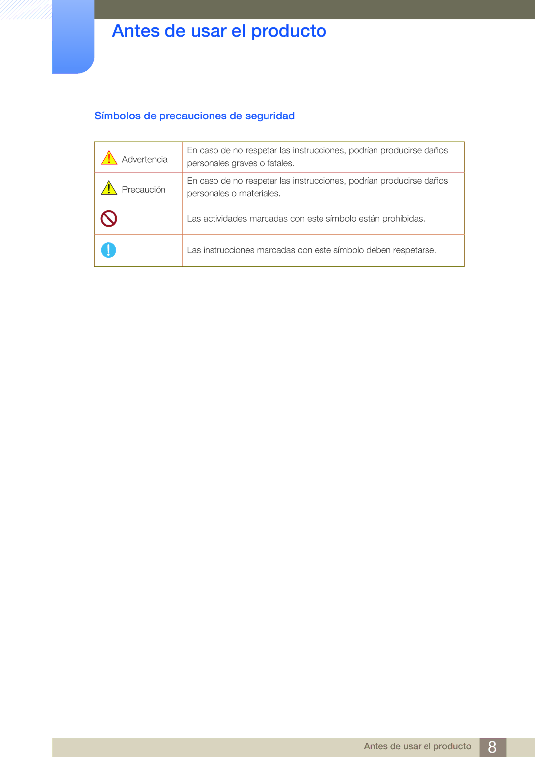 Samsung LF24FN1PFBZXEN, LF19NEBHBNM/EN, LF24NEBHBNM/EN manual Símbolos de precauciones de seguridad 