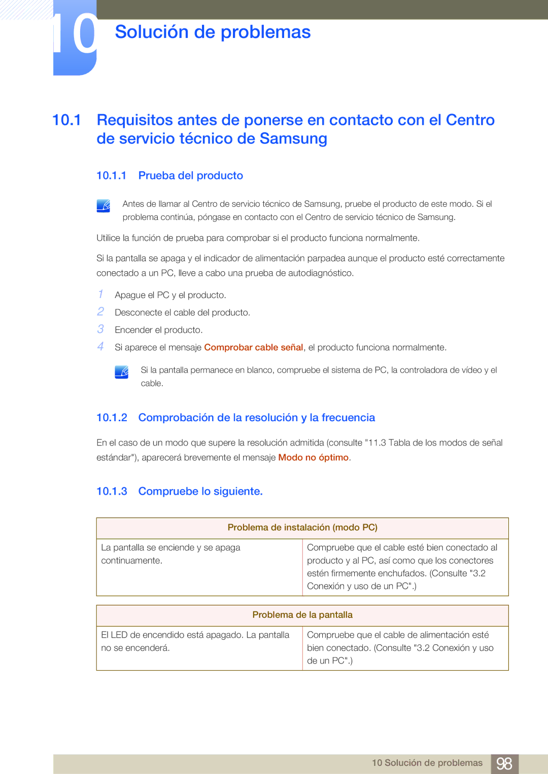 Samsung LF24FN1PFBZXEN manual Solución de problemas, Prueba del producto, Comprobación de la resolución y la frecuencia 