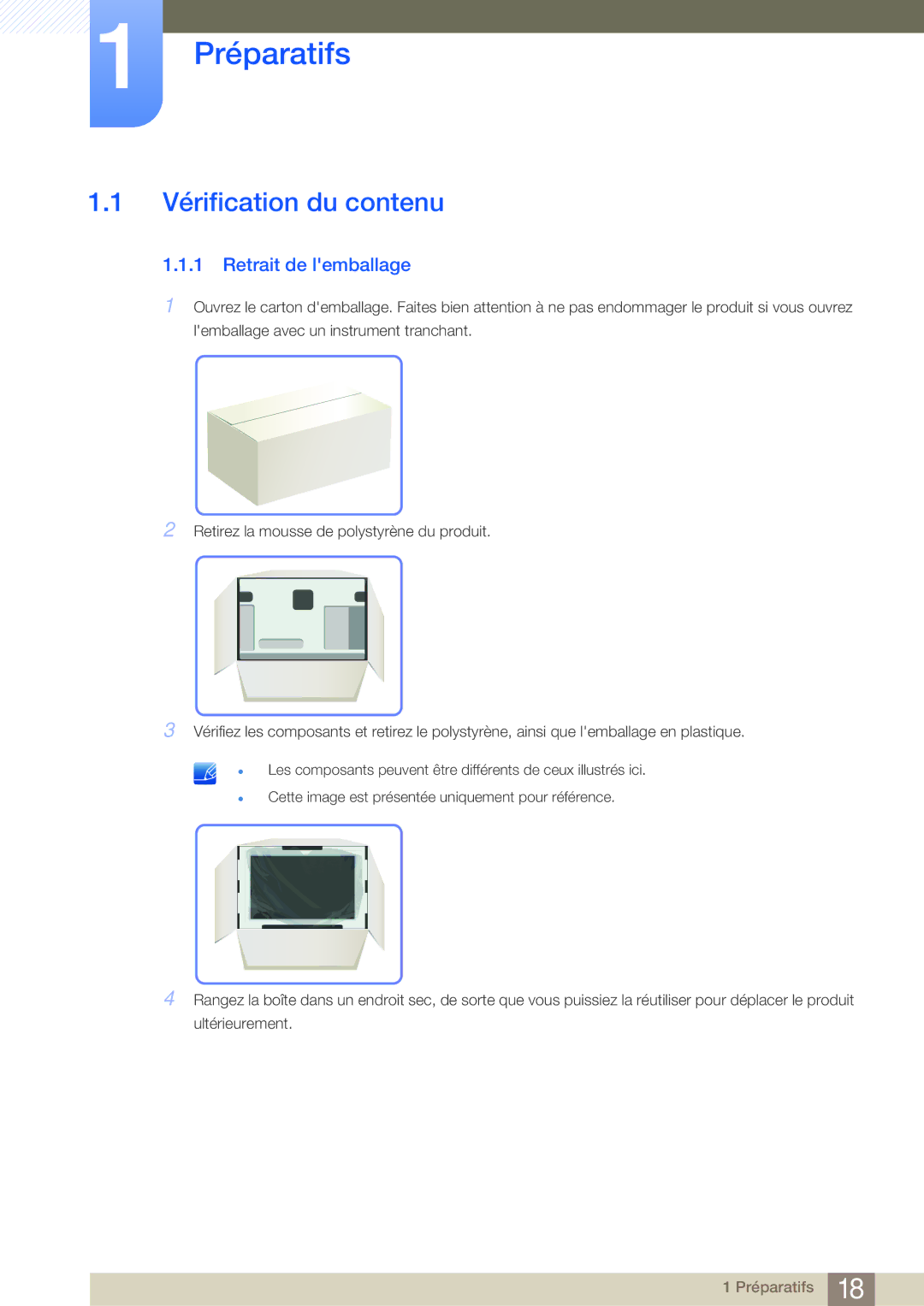 Samsung LF24NEBHBNM/EN, LF19NEBHBNM/EN, LF24NEBHBNU/EN manual Préparatifs, Vérification du contenu, Retrait de lemballage 