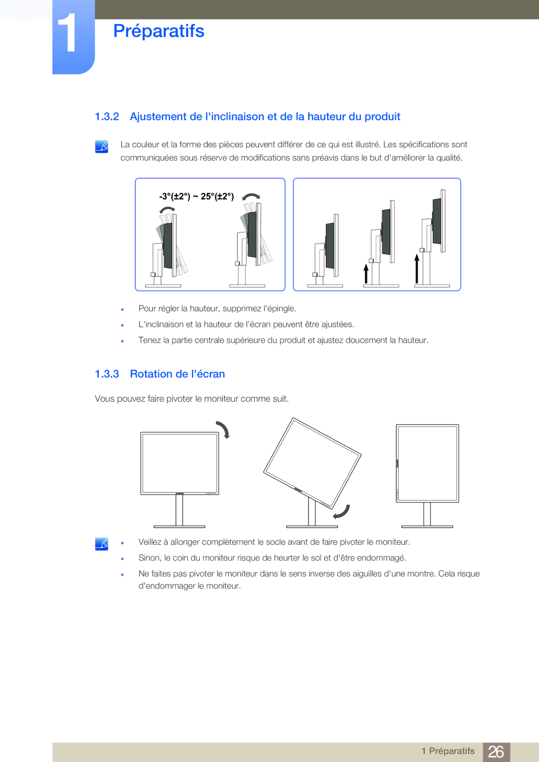 Samsung LF24NEBHBNM/EN, LF19NEBHBNM/EN manual Ajustement de linclinaison et de la hauteur du produit, Rotation de lécran 