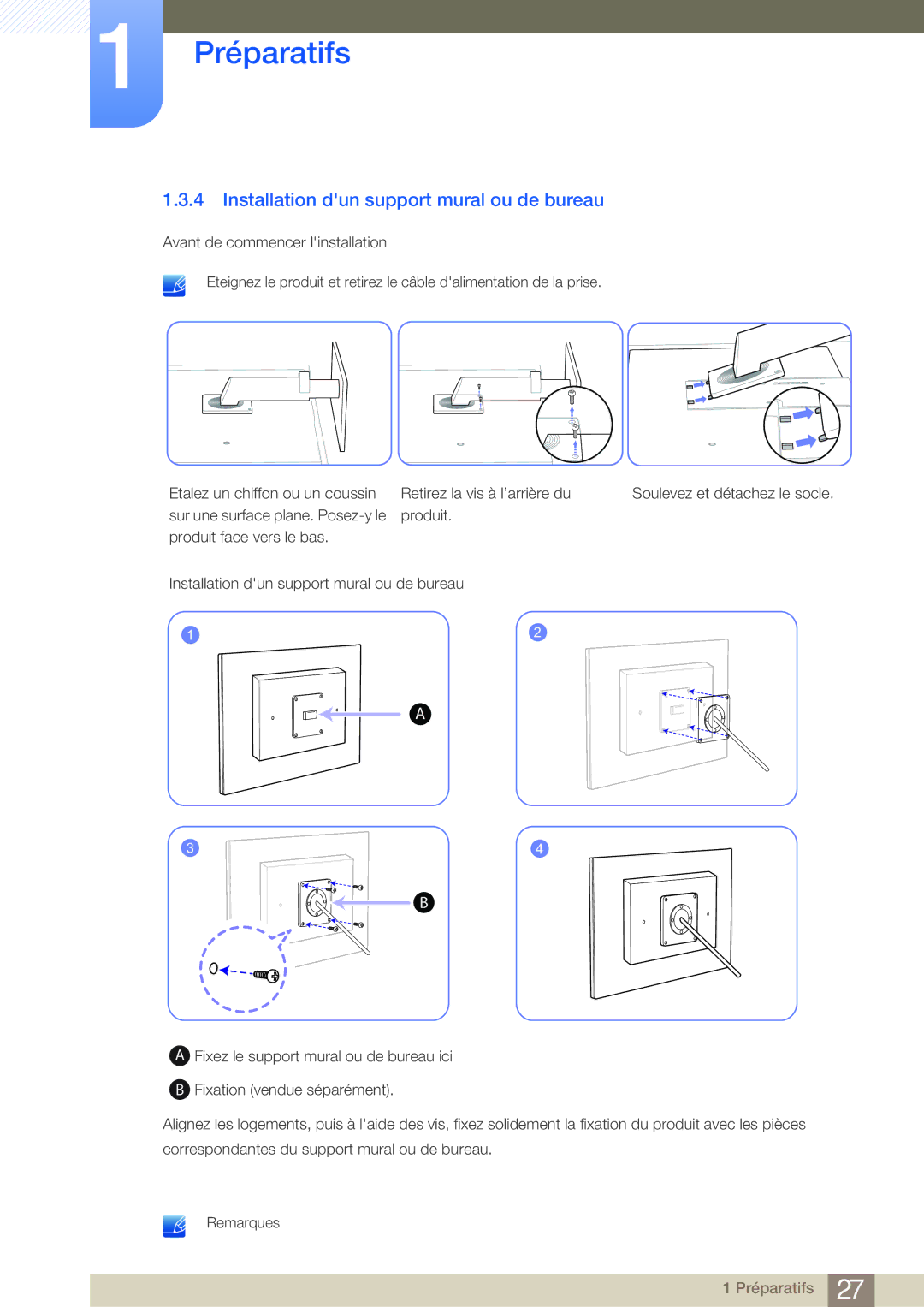 Samsung LF24FN1PFBZXEN, LF19NEBHBNM/EN, LF24NEBHBNU/EN, LF24NEBHBNM/EN manual Installation dun support mural ou de bureau 