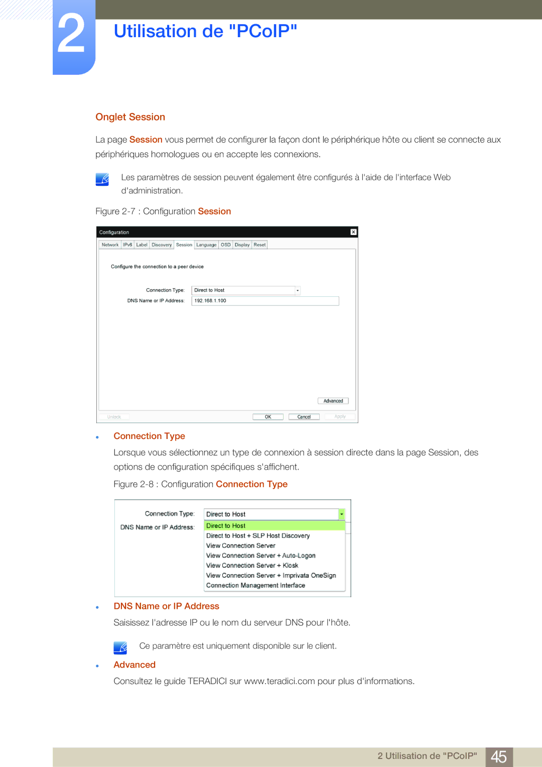 Samsung LF24NEBHBNU/EN, LF19NEBHBNM/EN, LF24NEBHBNM/EN Onglet Session, Connection Type, DNS Name or IP Address, Advanced 