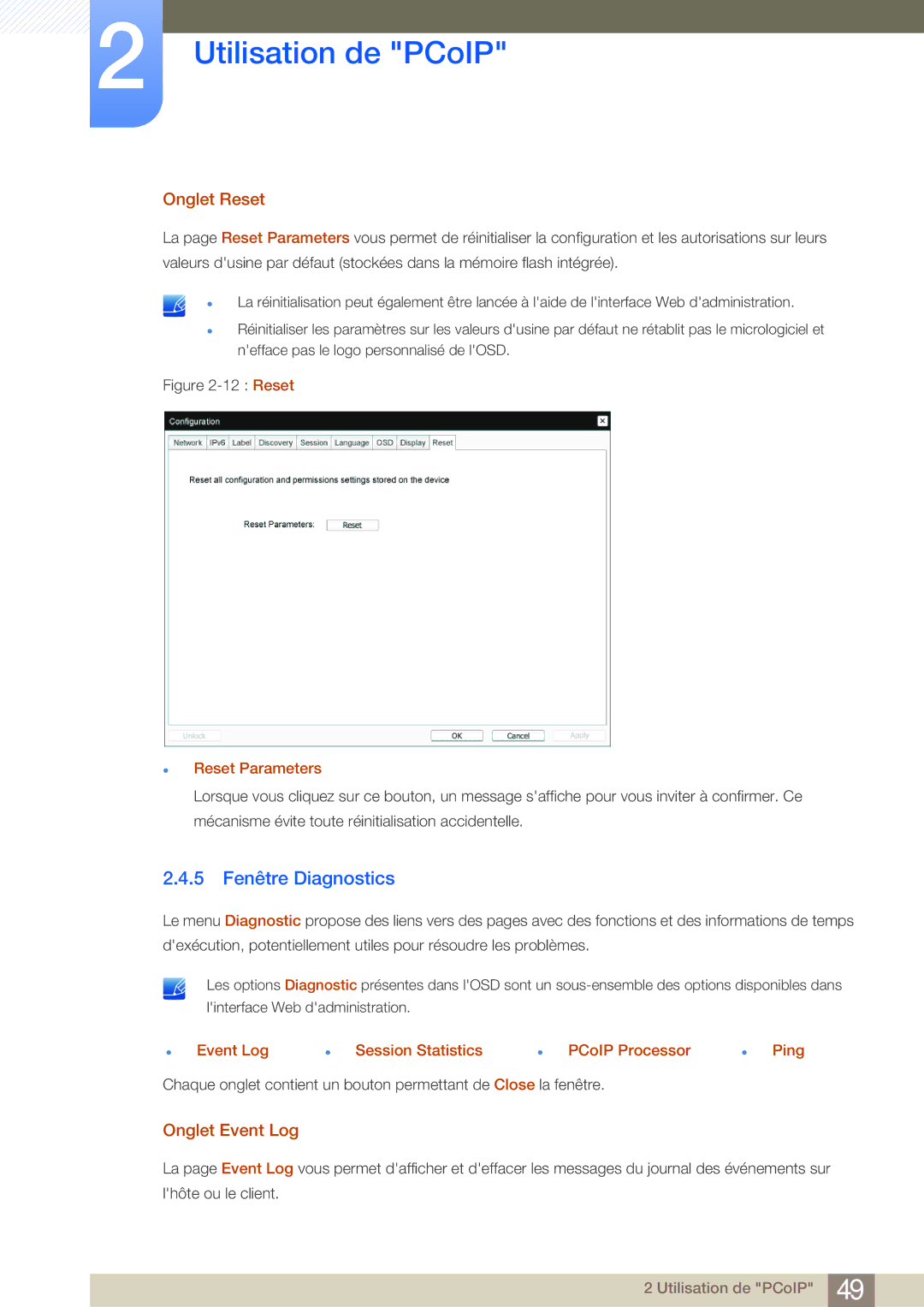 Samsung LF24NEBHBNU/EN, LF19NEBHBNM/EN, LF24NEBHBNM/EN, LF24FN1PFBZXEN 5 Fenêtre Diagnostics, Onglet Reset, Onglet Event Log 